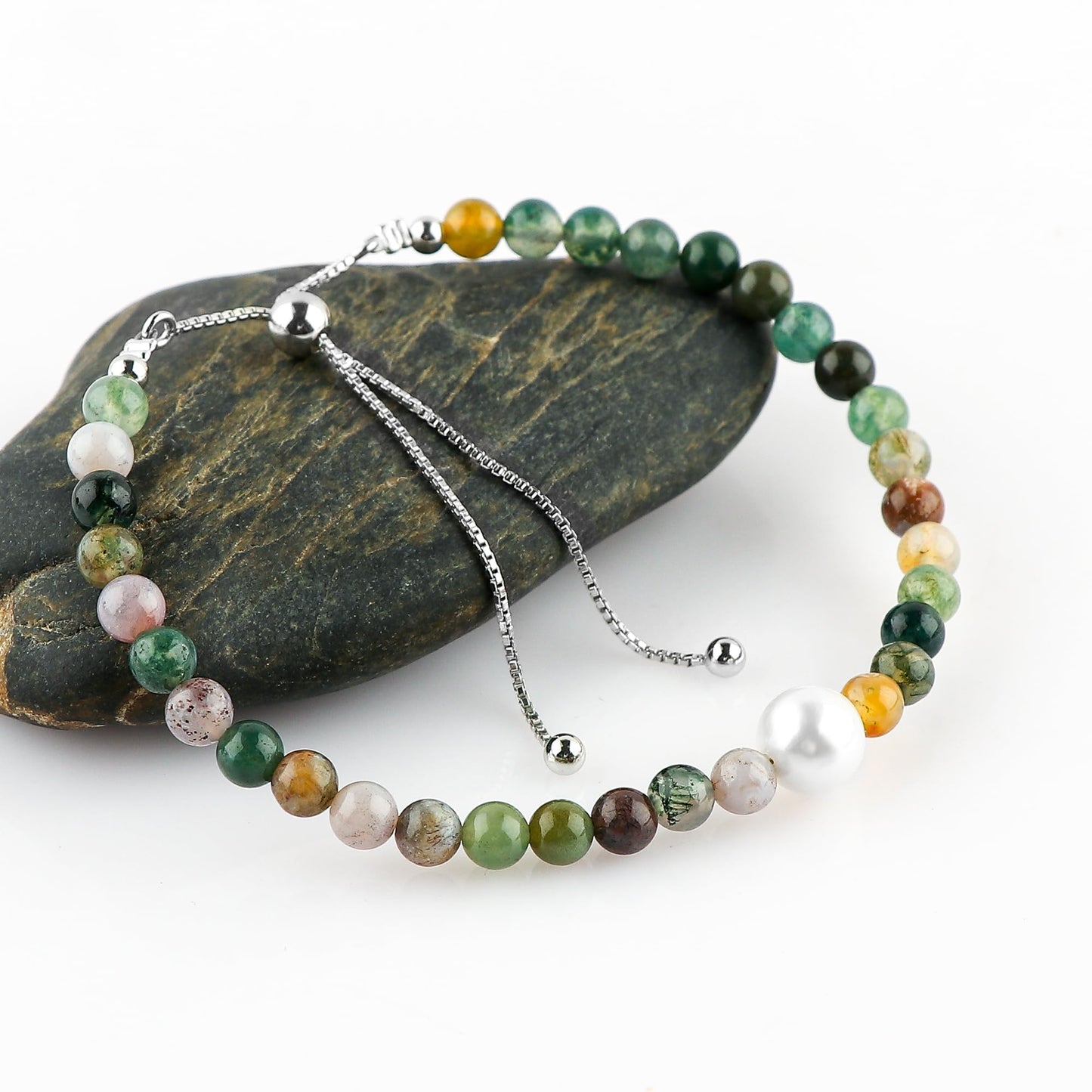 CRYSTALIS Natural Moss Agate Beads Slider Bracelet with Elegant Pearl, High Grade Beaded Crystals, Chakra Healing Gemstone, Gift Giving Women Jewelry, 925 Sterling Silver Slider 10 inch