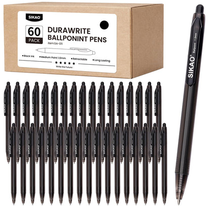 Black Pens Bulk, 60 Pack Durawrite Retractable Ballpoint Pens Black Ink 1.0mm, Click Pens No Bleed No Skip Smooth & Vivid Writing for Teachers, Students, Restaurant Servers, School & Office Supplies