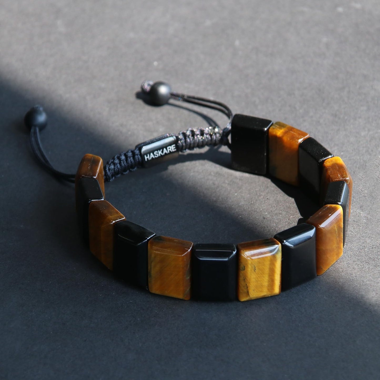 HASKARE Natural Stone Beads Men Bracelet Energy Flatbead Bracelet Genuine Tiger Eye Black Obsidian Beaded Crystals Handcrafted Adjustable Protection Jewelry for Dad Brother Husband