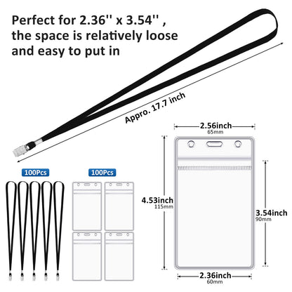 Marspark Pcs ID Badge Holder with Lanyard Lanyards for ID Badges Resealable Flat Neck Name Tag with Clip Waterproof Plastic Clear Badges Bulk for School Office Supplies(Black,200)