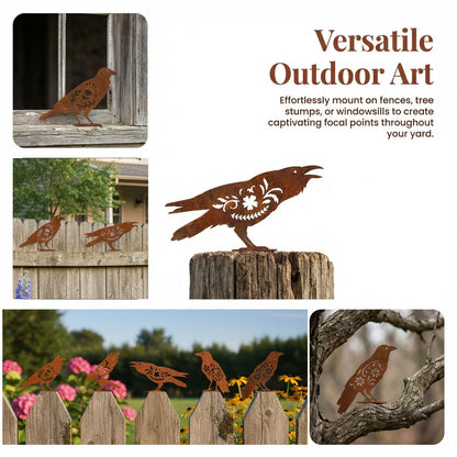 AIM & GGKK Rusty Metal Birds Yard Decor, Set of 5 Metal Bird Silhouette Statues for Garden Fence Yard Art, Rustic Outdoor Garden Sculptures Decorations