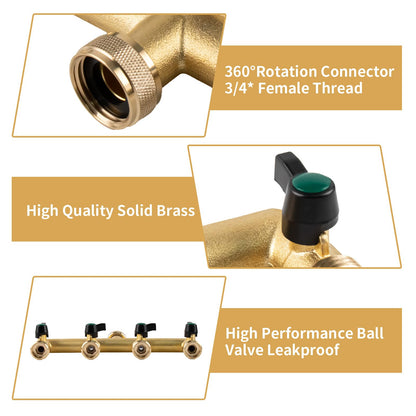 Heavy Duty Solid Brass 4 Way Hose T Tap Connection with 4 Individual On/Off Valve and Extended Handle, Garden Outdoor Pipe Tap Splitter