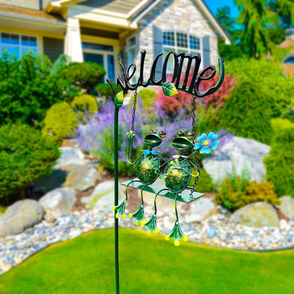 HONGLAND Solar Lights Outdoor Waterproof, Frog Swing Garden Decor, Frog Decorative Stake with Welcome Sign Landscape Patio Yard Gifts for Women Mom (48 inch)