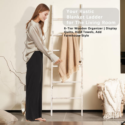 Blanket Ladder for The Living Room 6-Tier, Wooden Decorative Quilt Holder for Bed Room, Wall-Leaning Towel Rack for Bathroom，Rustic Farmhouse Ladders for Display. (White Wash)