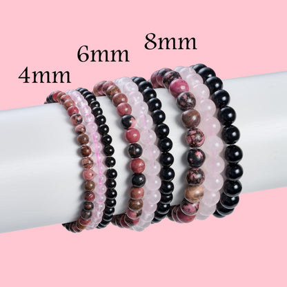 Bivei 3-Piece 4mm Beaded Bracelets for Women – Rhodonite, Rose Quartz, Black Obsidian – Handmade Natural Crystal Stretch Elastic Jewelry for Meditation, Yoga, Protection Gifts