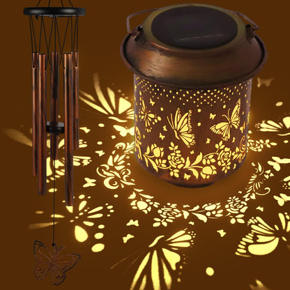 GLDFI Solar Lanterns with Wind Chimes - Garden Decor Set Includes Greeting Card & Gift Wrap Paper, Patio Yard Birthday Gifts for Women, Solar Lanterns Outdoor Waterproof (Butterfly)