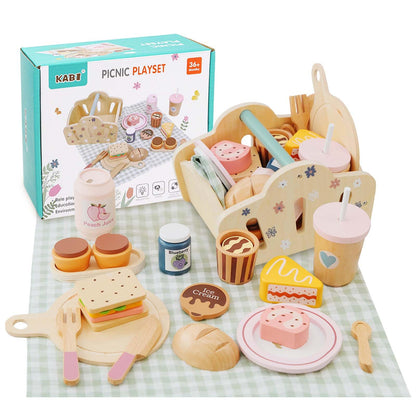 Potatomato Wooden Picnic Playset for Toddlers - 25+ Pcs Play Food Set with Cutting Desserts&Functional Basket - Montessori Pretend Play Kitchen Accessories-Birthday Gift for Girls Boys