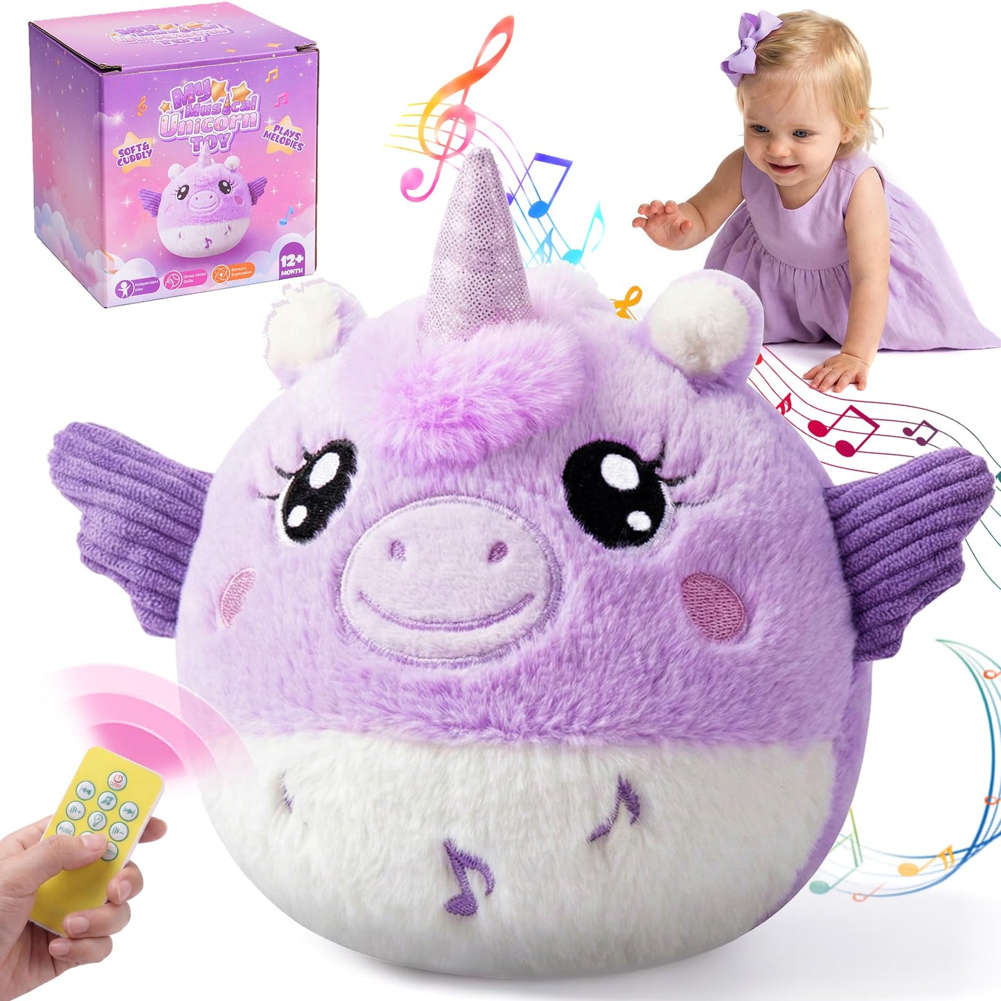 Music Crawling Toy for Baby 6-12 Months, Unicorn Tummy Time Toys & Floor Play Infant Stuffed Animal Toy with Volume Adjustable/Rechargeable/Record, Baby Remote Control Sensory Toy Girl Gift Set
