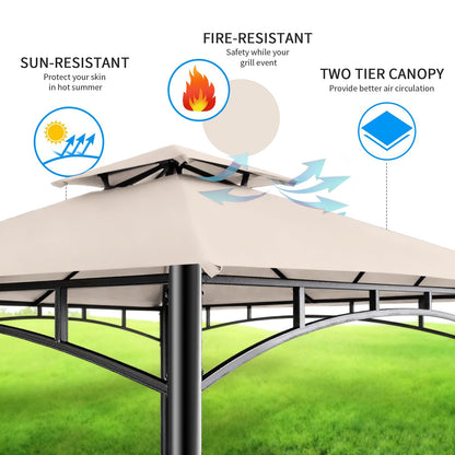 FAB BASED 5x8 Grill Gazebo, All-Weather Steel Construction, Double Tiered & Resistance Canopy Roof, Metal Serving Shelves, 2 LED and Bottle Opener for Patio, Backyard, BBQ (Beige)