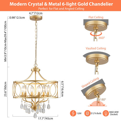 Majhoiw 6-Light Modern Gold Crystal Chandelier, 17.7" Farmhouse Ceiling Light Fixture, Hanging Metal Pendant Lights Kitchen Island Dining Room Entryway Foyer