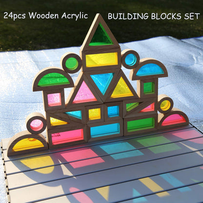 Gray Orange Wood Building Blocks Set 24pcs, Wooden Blocks for Toddlers, Rainbow Sensory Toys, Educational Toys, Preschool Wooden Stacking Toy for Kids