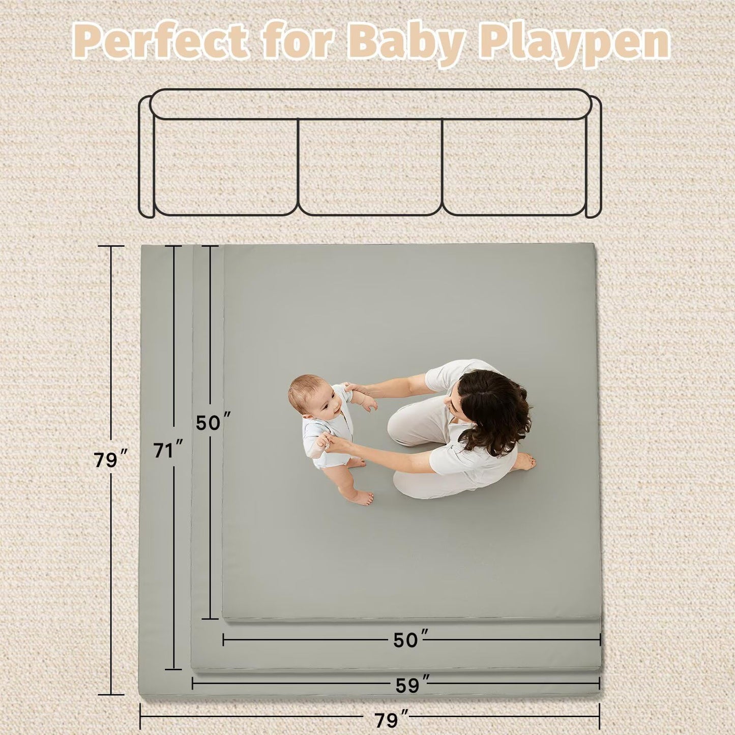 ILPEOD Waterproof Baby Play Mat for Floor Memory Foam 71 * 79 Cushion Playpen Playmat Tummy Time Crawling Mat Nursery Rug Thick Pad Create Soft & Safe Area for Infants,Toddler,Kids,Grey