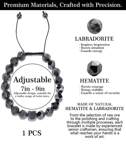 Beaded Bracelet for Men, 10mm Natural Stones Bracelet for Men's Gift, Adjustable Precision-Cut Gemstone Crystal Healing Bracelet, Protection Jewelry Gift with Hematite, Tiger Eye (Black Labradorite & Hematite)