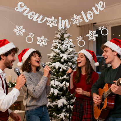 Pre-Strung Snow in Love Banner Glitter Winter Bridal Shower Decorations Banner Snowflake Ring Garland for Winter Christmas Wedding Decor Engagement Party Decorations (Silver)
