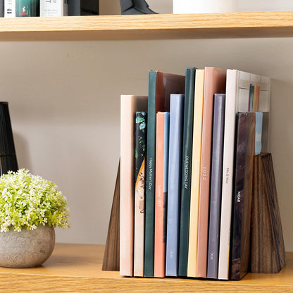 Luxdecor Walnut Book Ends Hold Heavy Books-6x5x4in Wood Bookends for Office Desk Non Skid, Decorative Walnut Bookend 2pack, Triangle Style