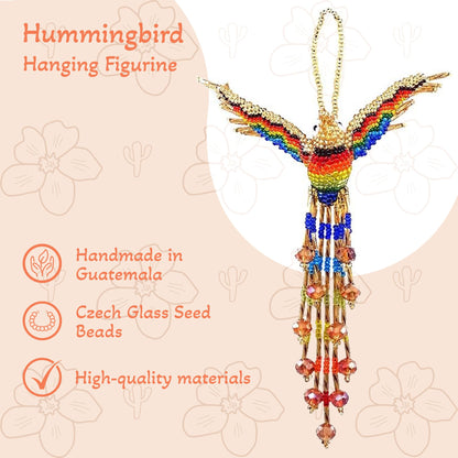 Spirit of Nature - Hummingbird Decor Hanging Figurine | Bird Figurines Home Decor | Ornament Czech Glass Seed Bead Decorative Hanging Ornaments - Handmade Decoration (Gold/Rainbow)