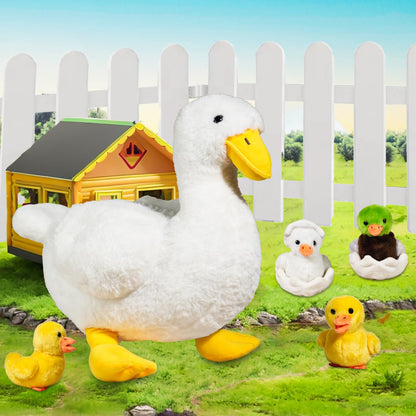 XYHQYB 7 in 1 Duck Stuffed Animal, 12" Zippered Mommy Stuffed Duck Toy with 4 Baby Ducklings and Eggs, Soft White Duck Plushie Pillow for Kids Christmas Birthday Gift Farm Party