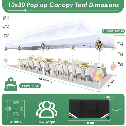 COBIZI Canopy Tent 10x30 Pop Up Canopy with 8 Removable Sidewalls Party Tents for Parties Wedding Patio Commercial Waterproof and UV50+ Ez Outdoor Instant Gazebo with Roller Bag & 4 Sandbags（White）