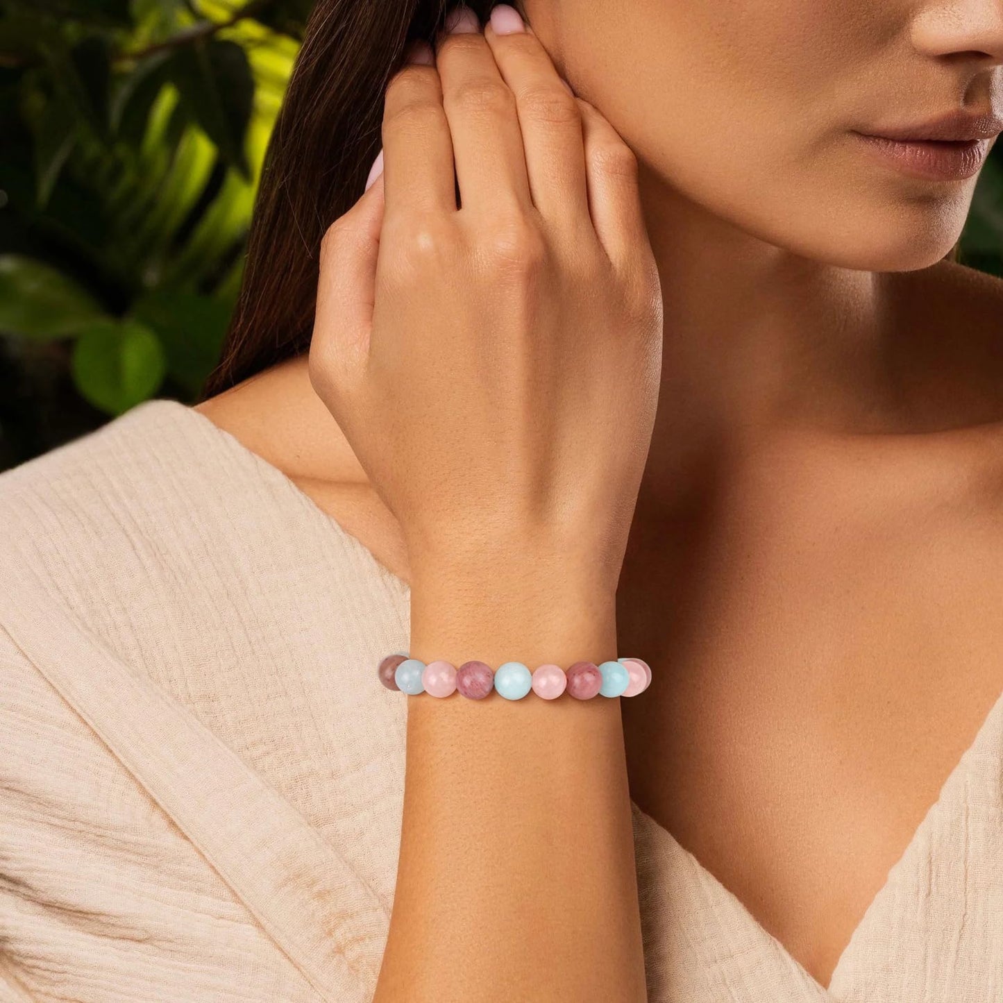 Bolinailo Healing Crystal Pregnancy Bracelet 8mm Crystal Beaded Bracelet for Women Men Natural Stones of Aquamarine, Rose Quartz and Rhodochrosite Handmade Gemstone Reiki Spiritual Jewelry Gifts