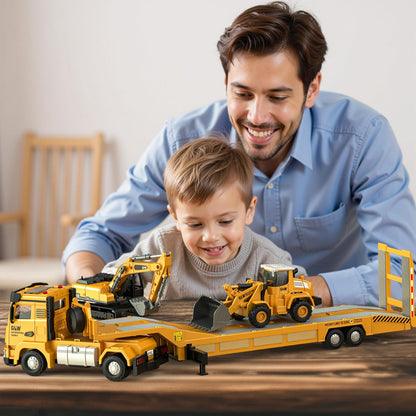 Pupu Pig Kids Toys for 3 4 5 6 7 Years Old Boys, Die-cast Construction Toys Set w/Semi Truck, Excavator, Bulldozer, Alloy Engineering Construction Vehicles Truck Toys w/Lights & Sounds, Model Cars