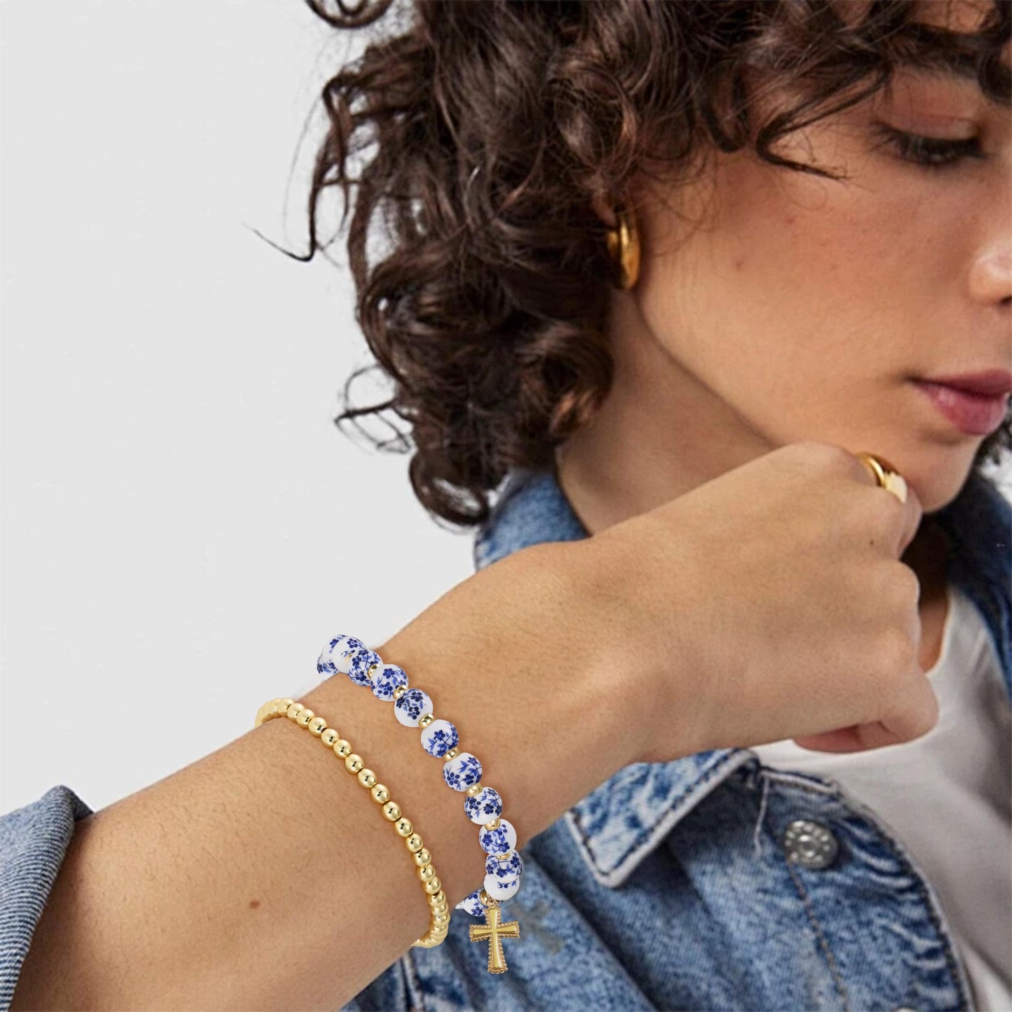 VIBILIA Cross Bracelets for Women, Cross Charm Vintage Jewelry, Flower Beaded Bracelet, Handmade Stretch Jesus Baptism Romantic Christian Birthday Gifts for Women on Easter Mother's Day, Blue Gold