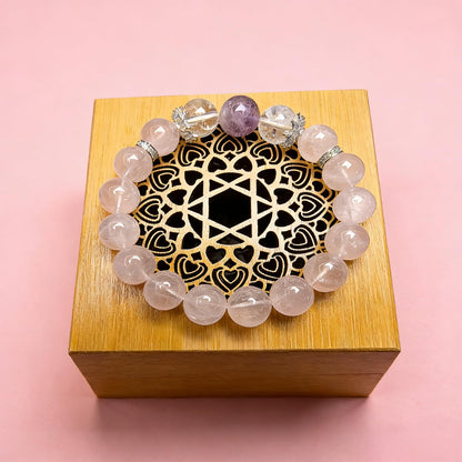 Natural crystal bracelet featuring 13mm beads and decorative charms, handcrafted and one-of-a-kind. This versatile, high-end stretchy bead bracelet for women is perfect for personal wear or as a gift. (Pink, Medium)