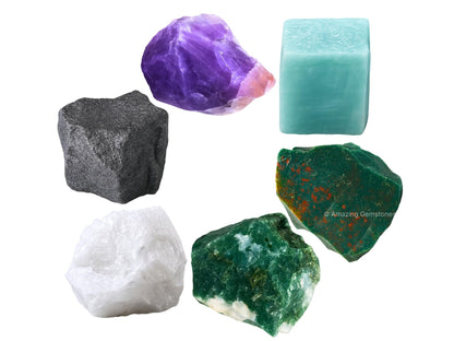 Amazing Gemstone Crystals for Blood Pressure Control, Set of 6 Blood Stone, Hematite, Moss Agate, Amazonite, Snow Quartz and Amethyst Healing Crystals and Stones