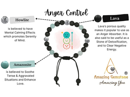 Amazing Gemstone Anger Control Bracelet - Howlite Amazonite Lava Bracelet Set for Men Women Healing Calming Anxiety Stress Relief Gifts Pulseras Para Hombres Mujer Stocking Stuffers (Adjustable)