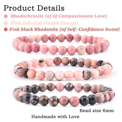 NCB 3-Piece 6mm Natural Crystal Gemstone Stretch Bracelets – ﻿Rhodochrosite, Pink Zebra, Pink Black Rhodonite Handmade Reiki Energy Healing Jewelry for Meditation,Yoga, Unisex