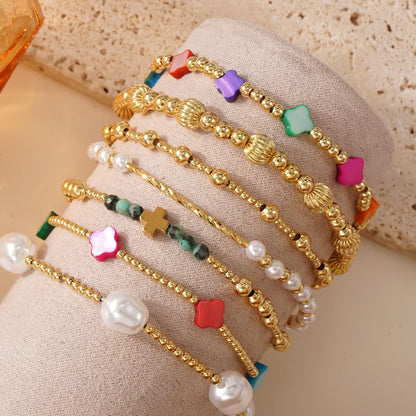 SHINUS BOHO 14K Gold Beaded Colorful Clover Bracelets Stack for Women,7PCS Bohemian Cross Pearl Beads Stackable Stretch Bracelet Set Fashion Birthday Prom Jewelry Accessories Gift Friendship Sister