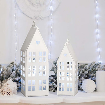 SiliFine 2 Set White Farmhouse Village Sets with 2 Pcs White Candles Rustic Houses Village Decor Metal Modern Lantern Decorative for Wedding Valentine's Day Home, Tabletop, Shelf Decor
