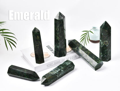 AMOYSTONE Large Crystal Obelisk Emerald Quartz Tower Green Healing Crystal Wand Point 6 Faceted Reiki Meditation Stone 2.2-2.6 LBS
