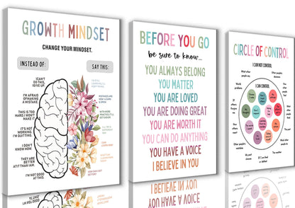 3Pcs Mental Health Wall Art Motivational Wall Decor For Therapy Office,Change Your Mindset Change Your Life Canvas Print Painting Picture for Classroom,Home,Growth Mindset Gift 12x16in Framed