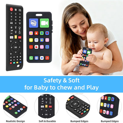 SLUQQHDU Baby Silicone Teething Toys for Babies 0-6 Months,Phone and Remote Teether Toys for Toddlers 6-12 Months,2 Pack Teether Toys Sensory Toys for Babies,Baby Chew Toys for 6-12-18 Months