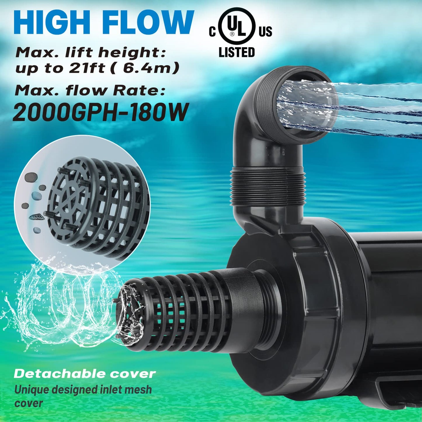 OYO WATER 2000GPH Pond Pumps Submersible Outdoor Inline Pump Pond High Head Water Pump for Garden Waterfall Fountain Water Circulation Pump for Koi Fish Pond