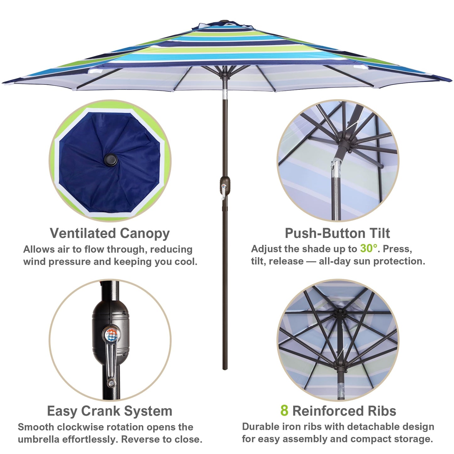 Blissun 10FT Patio Umbrella, Outdoor Table Umbrella, Yard Umbrella, Market Umbrella with 8 Sturdy Ribs, Push Button Tilt and Crank, Blue & Green