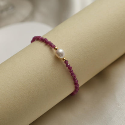 Gempires Pink Ruby Beaded Bracelets with Pearl Choker Crystal Jewelry July Birthstone Gifts 7.5 Inch Gold Plated Lightweight Gemstone Bracelets Gifts for All Occasions