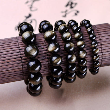 JAJAFOOK Tibetan 28 Mala Bead Gold Obsidian Buddhist Buddha Prayer Beads Bracelet,Stretch String,Unisex