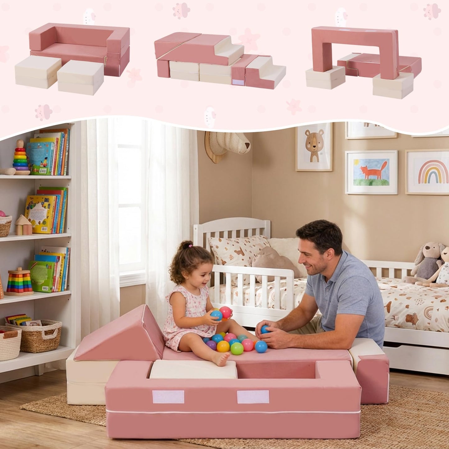 GudoInsole Kids Play Couch Foam Climbing Blocks for Toddlers Sofa Convertible Climbing Toy for Creative Child Girls and Boys Climber Playroom Furniture (Pink)