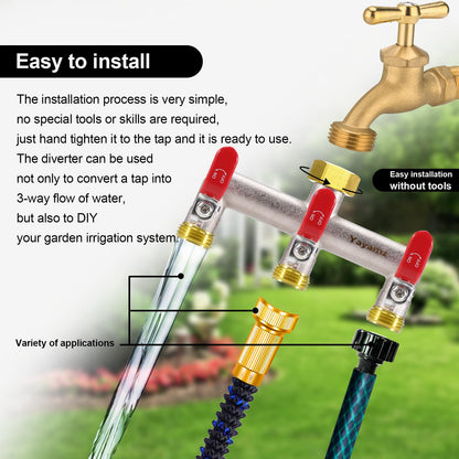 Yayamz 3 Way Garden Hose Splitter, Heavy Duty Brass Nickel Plated Rust Resistant Faucet Manifold, 3/4" Frost Resistant Outdoor Hose Adapter Connector，Hose Spigot Adapter with 3 large red handles
