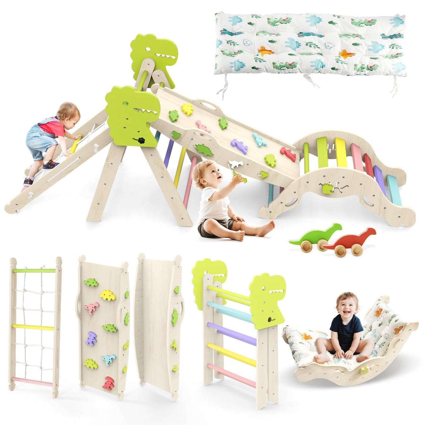 Jasite Pikler Triangle Set with Cushion, 12 in 1 Toddler Montessori Toys Indoor Baby Climbing Gym Pikler Triangle Climbing Set Wooden Toy Climbing Rope Ladder, Shape Sorter, Push Car 【Dinosaur Toys】