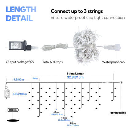 Hopolon 33FT 360L LED Christmas Icicle Lights Outdoor Waterproof,8 Modes Plug in Curtain String LIghts With 60 Drops,Christmas Lights for Wedding,Party,Bedroom,Home,Garden,Wall Decorations(Blue White)