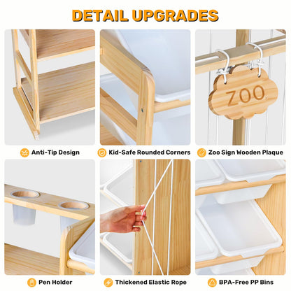 Yazzropt 114" Large Toy Storage Organizer with Bins Shelves & Stuffed Animal Storage for Kids Wood Toddler Playroom Organization with Bookshelf Toys Box Wooden Organizers for Kids Room Nursery Bedroom
