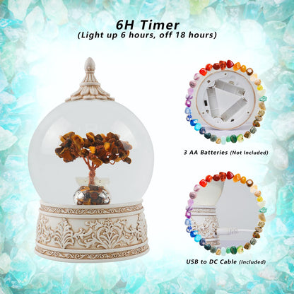 Tiger Eye Healing Crystal Tree Globe with Colorful Lights and Sparkling Glitter, Natural Gemstone Base, Spiritual Meditation, Positive Energy Good Luck, Home Decor, Birthday Gifts (Tiger Eye)