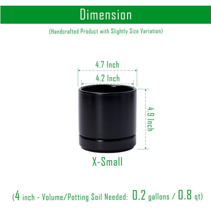 D'vine Dev 4.7 Inch Ceramic Planter Pot with Drainage Hole and Saucer, Indoor Cylinder Round Planter Pot, Black, 94-O-B-2