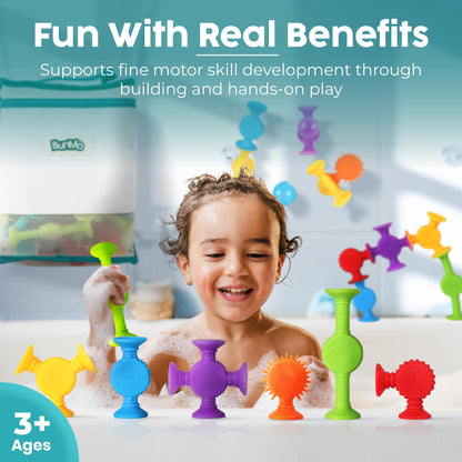 BUNMO Bath Toys Suction - Connect, Build, Create - Bath Toys - Hours of Fun & Creativity - Fine Motor Skills - Stimulating Sensory Toys - Non-Mouthable Toy 3+ - Textured 44 Pack