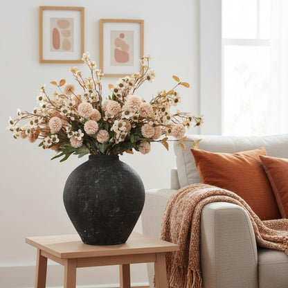 Beige Silk Flower Arrangements Home Decor, Large Floral Centerpieces For Tables, 22 Long Stems Fake Mums + Eucalyptus + Wild Flowers in Bulk, Artificial Flowers Coffee Dining Table, Faux Mums Flowers