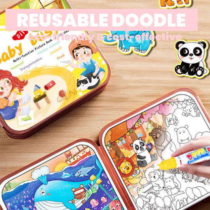 FZRMU Toddler Water Doodle Book Set for Ages 1-3, Mess Free Travel Activity Set with 2 Reusable Water Coloring Books, 1 Sticker Busy Book, Water Pens & Cards, Learning Toy for Car Rides Airplane