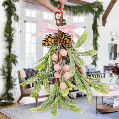Christmas Mistletoe Decorations Frosted Artificial Mistletoe Ornaments with Bows Berries Pine Cones Snowy Fake Hanging Kissing Plant Stems for Xmas Tree Picks Doorway Holiday Decor (2, Pink)