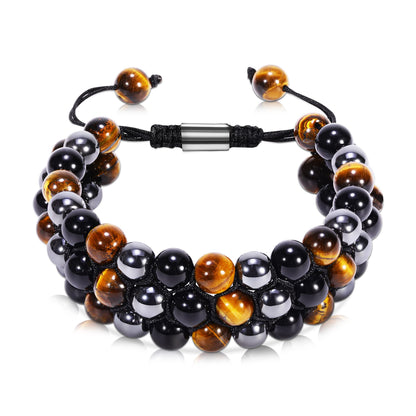Ckkllws Triple Protection Bracelet, Genuine Tigers Eye Black Obsidian and Hematite 8mm Beads Bracelet for Men Women, Crystal Jewelry Stone Bracelets Gifts for Men Bring Luck Prosperity
